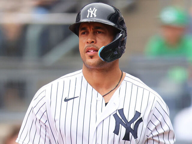 BRONX, NEW YORK - APRIL 15: Giancarlo Stanton #27 of the New York Yankees in action against the Minnesota Twins at Yankee Stadium on April 15, 2023 in Bronx, New York. All players are wearing the number 42 in honor of Jackie Robinson Day. New York Yankees defeated the Minnesota Twins 6-1.