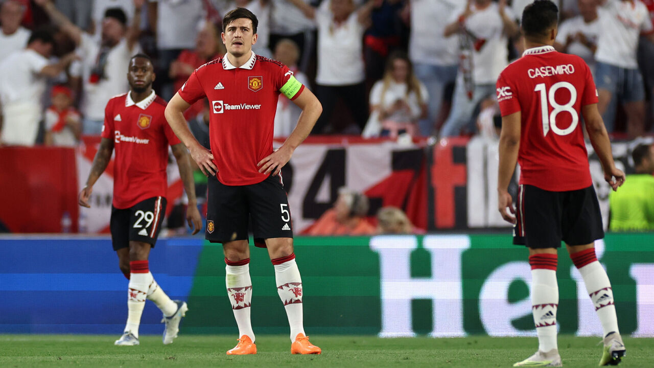 Manchester United's Harry Maguire looks dejected during the UEFA Europa League quarter-final second leg match at the Ramon Sanchez-Pizjuan Stadium, Seville. Picture date: Thursday April 20, 2023.