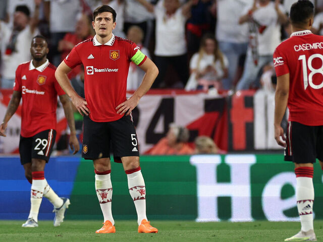 Manchester United's Harry Maguire looks dejected during the UEFA Europa League quarter-final second leg match at the Ramon Sanchez-Pizjuan Stadium, Seville. Picture date: Thursday April 20, 2023.