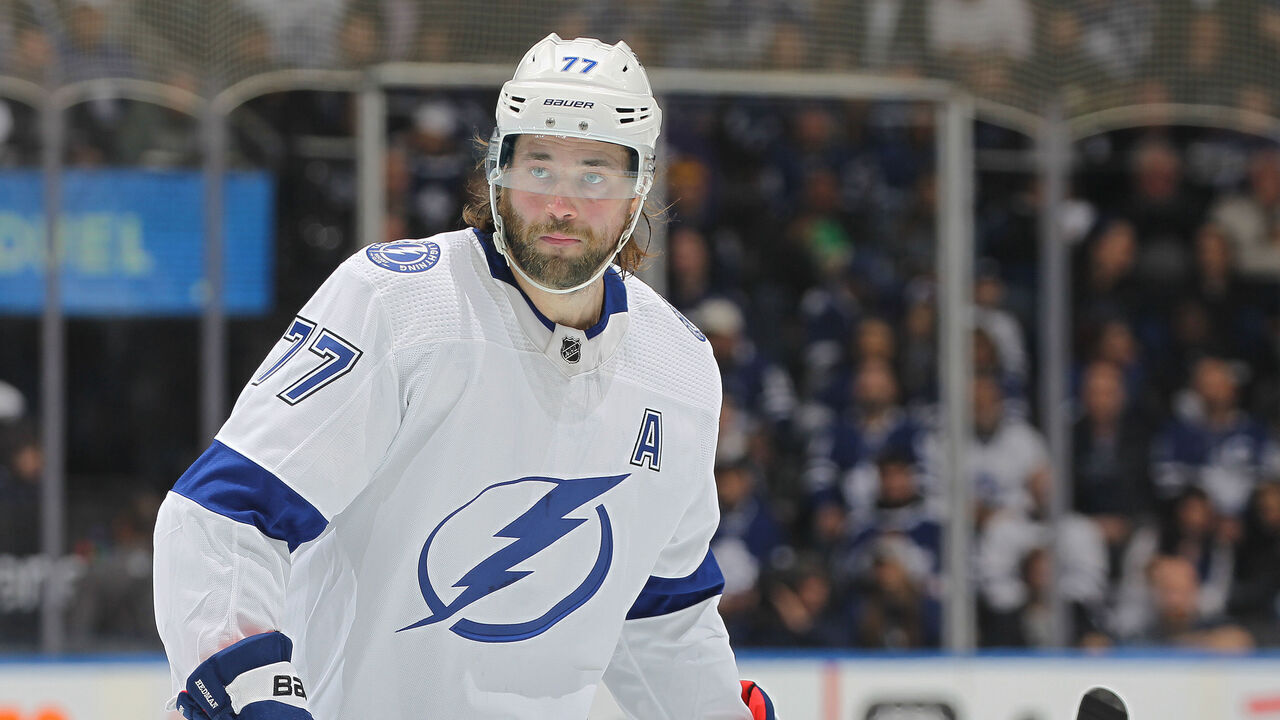 TORONTO, CANADA - APRIL 18: Victor Hedman #77 of the Tampa Bay Lightning skates against the Toronto Maple Leafs during Game One of the First Round of the 2023 Stanley Cup Playoffs at Scotiabank Arena on April 18, 2023 in Toronto, Ontario, Canada. The Lightning defeated the Maple Leafs 7-3.