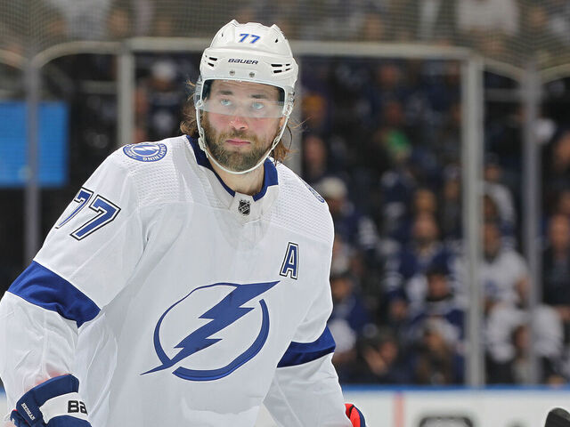 TORONTO, CANADA - APRIL 18: Victor Hedman #77 of the Tampa Bay Lightning skates against the Toronto Maple Leafs during Game One of the First Round of the 2023 Stanley Cup Playoffs at Scotiabank Arena on April 18, 2023 in Toronto, Ontario, Canada. The Lightning defeated the Maple Leafs 7-3.