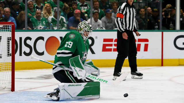 DALLAS, TX - APRIL 17: Dallas Stars goaltender Jake Oettinger (29) blocks a shot during the game between the Dallas Stars and the Minnesota Wild on April 17, 2023 at American Airlines Center in Dallas, Texas.