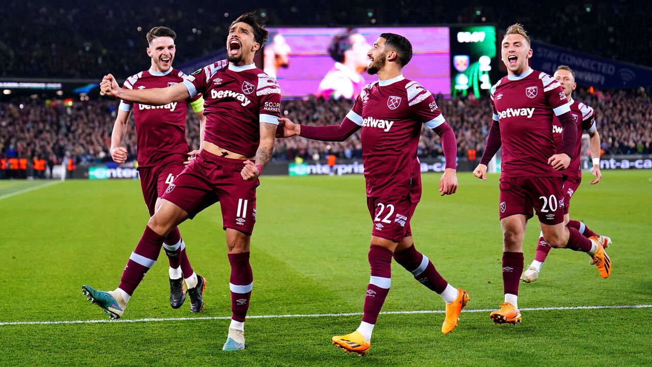 West Ham United's Lucas Paqueta (second left) celebrates after scoring their side's second goal of the game from the penalty spot during the UEFA Europa Conference League quarter-final second leg match at the London Stadium, London. Picture date: Thursday April 20, 2023.