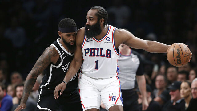 NEW YORK, NEW YORK - APRIL 20: James Harden #1 of the Philadelphia 76ers dribbles against Royce O'Neale #00 of the Brooklyn Nets during the first half of Game Three of the Eastern Conference First Round Playoffs at Barclays Center on April 20, 2023 in the Brooklyn borough of New York City.