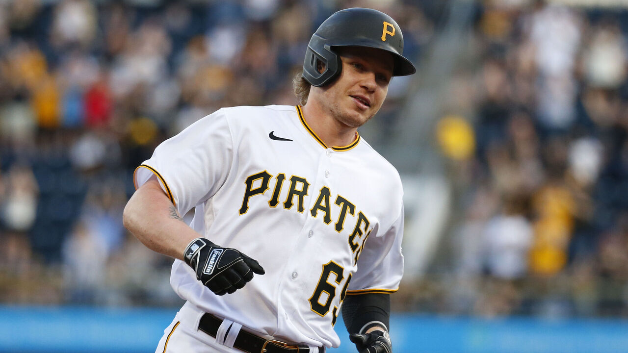 PITTSBURGH, PA - APRIL 20: Jack Suwinski #65 of the Pittsburgh Pirates rounds the bases after hitting a solo home run in the first inning against the Cincinnati Reds at PNC Park on April 20, 2023 in Pittsburgh, Pennsylvania.