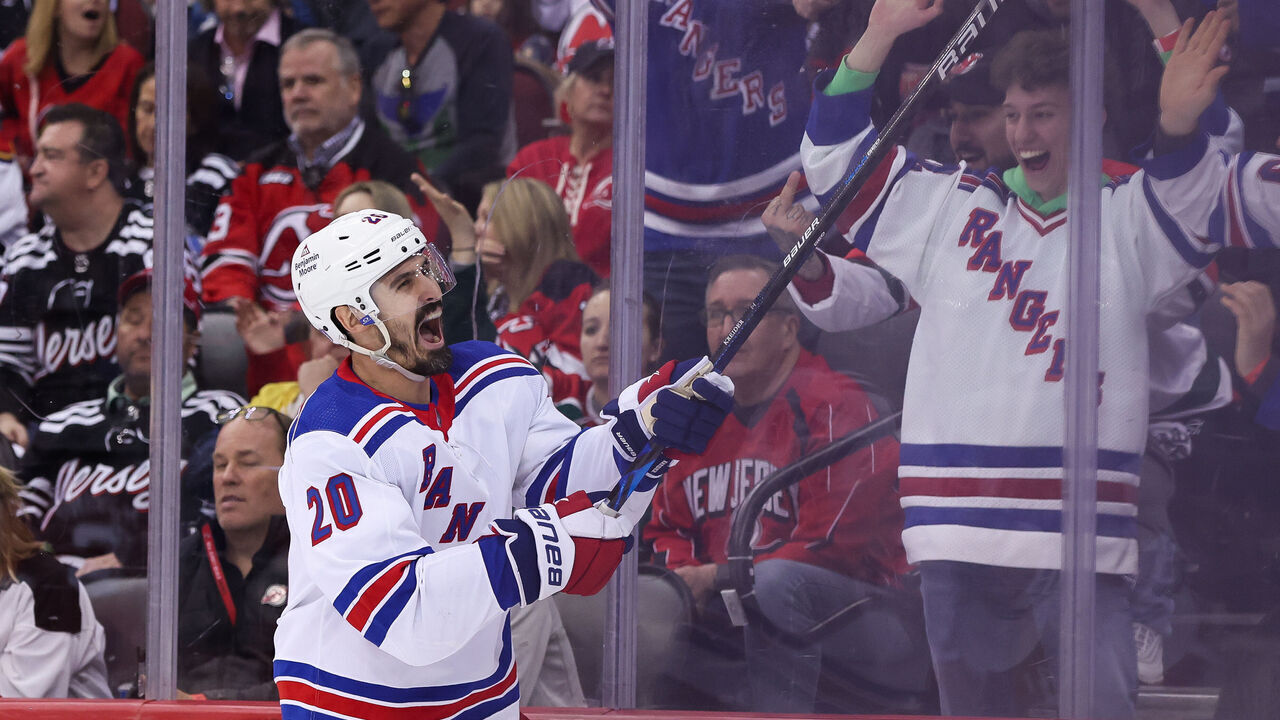 NEWARK, NJ - APRIL 20: New York Rangers left wing Chris Kreider (20) celebrates after scoring a goal during the National Hockey League game between the New York Rangers and the New Jersey Devils on April 20, 2023 at Prudential Center in Newark, NJ.