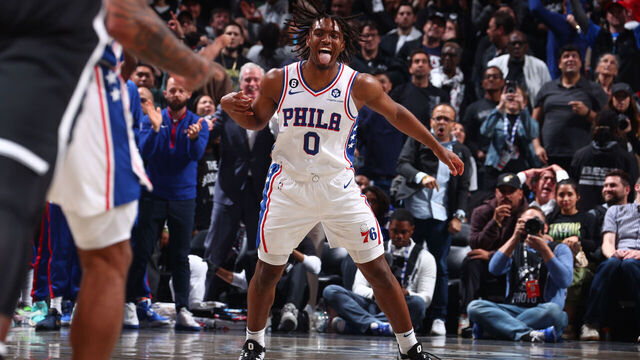 BROOKLYN, NY - APRIL 20: Tyrese Maxey #0 of the Philadelphia 76ers celebrates during Round One Game Three of the 2023 NBA Playoffs against the Brooklyn Nets on April 20, 2023 at Barclays Center in Brooklyn, New York. Mandatory Copyright Notice: Copyright 2023 NBAE