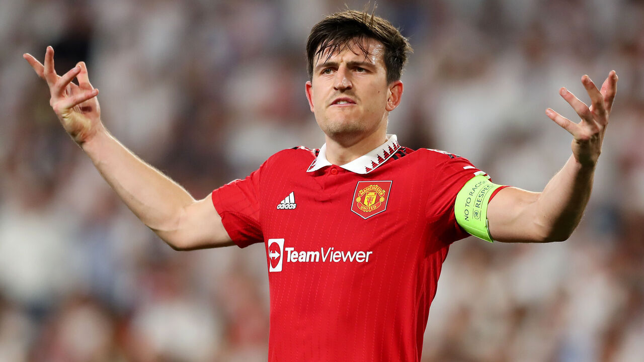 SEVILLE, SPAIN - APRIL 20: Harry Maguire of Manchester United reacts during the UEFA Europa League Quarterfinal Second Leg match between Sevilla FC and Manchester United at Estadio Ramon Sanchez Pizjuan on April 20, 2023 in Seville, Spain.