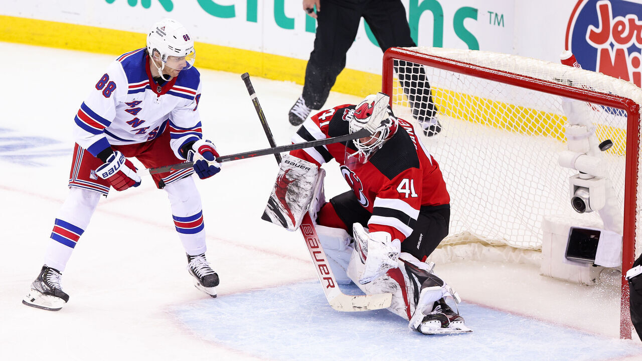 NEWARK, NJ - APRIL 20: New York Rangers right wing Patrick Kane (88) scores a goal on New Jersey Devils goaltender Vitek Vanecek (41) during the National Hockey League game between the New York Rangers and the New Jersey Devils on April 20, 2023 at Prudential Center in Newark, NJ.