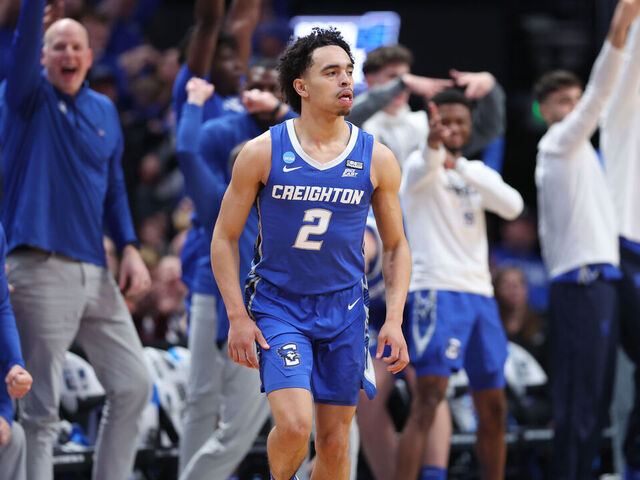 DENVER, COLORADO - MARCH 19: Ryan Nembhard #2 of the Creighton Bluejays reacts after a three point basket during the second half against the Baylor Bears in the second round of the NCAA Men's Basketball Tournament at Ball Arena on March 19, 2023 in Denver, Colorado.