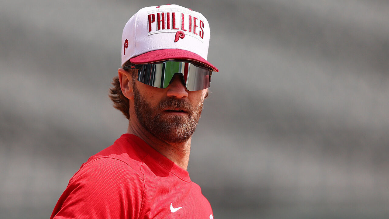 CHICAGO, ILLINOIS - APRIL 19: Bryce Harper #3 of the Philadelphia Phillies looks on prior to the game against the Chicago White Sox at Guaranteed Rate Field on April 19, 2023 in Chicago, Illinois.