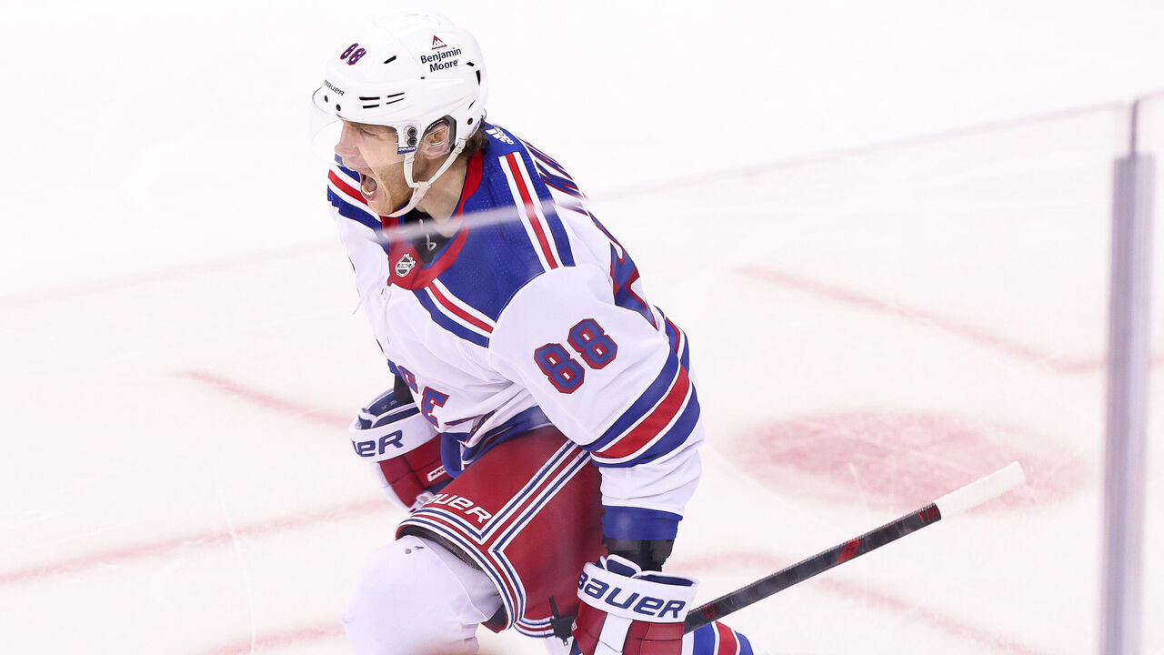 NEWARK, NJ - APRIL 20: New York Rangers right wing Patrick Kane (88) celebrates after scoring a goal during the National Hockey League game between the New York Rangers and the New Jersey Devils on April 20, 2023 at Prudential Center in Newark, NJ.