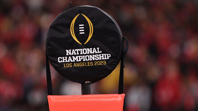 INGLEWOOD, CA - JANUARY 09: A yard marker with the National Championship logo on it during the Georgia Bulldogs game versus the TCU Horned Frogs in the College Football Playoff National Championship game on January 9, 2023, at SoFi Stadium in Inglewood, CA.