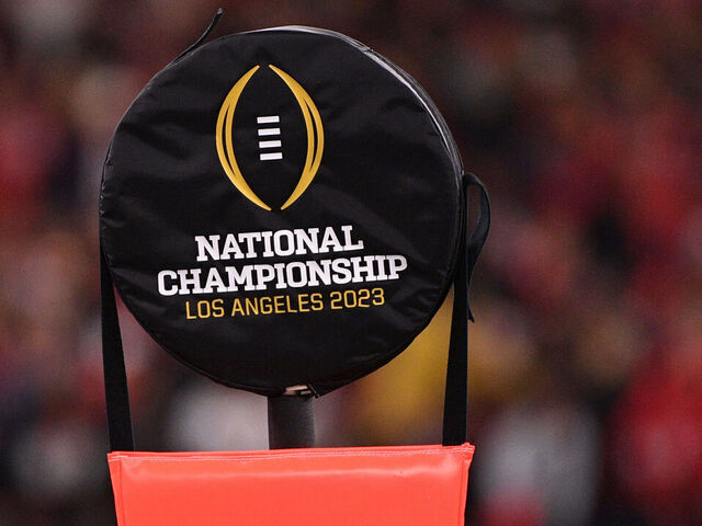 INGLEWOOD, CA - JANUARY 09: A yard marker with the National Championship logo on it during the Georgia Bulldogs game versus the TCU Horned Frogs in the College Football Playoff National Championship game on January 9, 2023, at SoFi Stadium in Inglewood, CA.