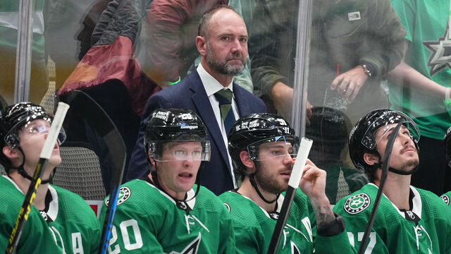 DALLAS, TX APRIL 17: Pete DeBoer of the Dallas Stars coaches against the Minnesota Wild in Game One of the First Round of the 2023 Stanley Cup Playoffs at American Airlines Center on April 17, 2023, in Dallas, Texas