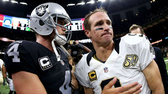 NEW ORLEANS, LA - SEPTEMBER 11: Drew Brees #9 of the New Orleans Saints congratulates Derek Carr #4 of the Oakland Raiders after the Raiders defeated the Saints 35-34 at the Mercedes-Benz Superdome on September 11, 2016 in New Orleans, Louisiana.
