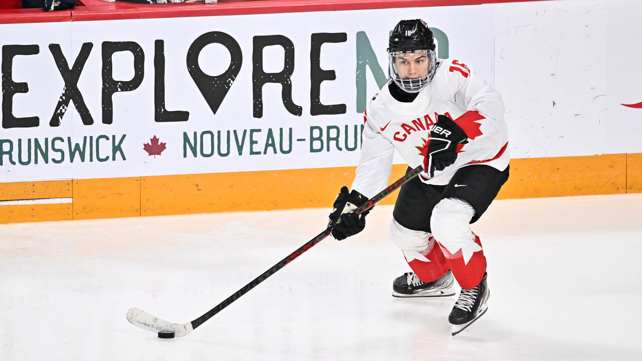 HALIFAX, CANADA - JANUARY 05: Connor Bedard #16 of Team Canada skates the puck during overtime against Team Czech Republic in the gold medal round of the 2023 IIHF World Junior Championship at Scotiabank Centre on January 5, 2023 in Halifax, Nova Scotia, Canada.