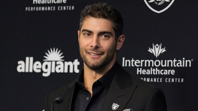 HENDERSON, NEVADA - MARCH 17: Quarterback Jimmy Garoppolo is introduced at the Las Vegas Raiders Headquarters/Intermountain Healthcare Performance Center on March 17, 2023 in Henderson, Nevada.
