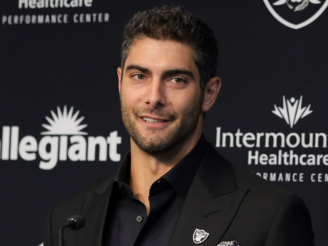 HENDERSON, NEVADA - MARCH 17: Quarterback Jimmy Garoppolo is introduced at the Las Vegas Raiders Headquarters/Intermountain Healthcare Performance Center on March 17, 2023 in Henderson, Nevada.