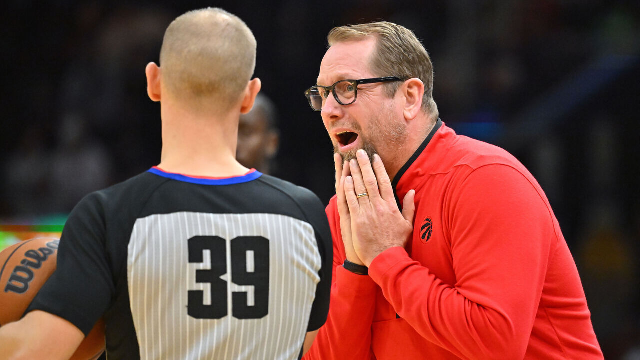 CLEVELAND, OHIO - DECEMBER 23: Head coach Nick Nurse of the Toronto Raptors reacts to a call from referee Tyler Ford #39 during the first half against the Cleveland Cavaliers at Rocket Mortgage Fieldhouse on December 23, 2022 in Cleveland, Ohio.