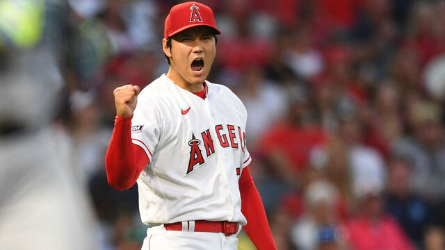 ANAHEIM, CA - APRIL 21: Los Angeles Angels Pitcher Shohei Ohtani (17) celebrates a double play during the MLB game between the Kansas City Royals and the Los Angeles Angels of Anaheim on April 21, 2023 at Angel Stadium of Anaheim in Anaheim, CA.