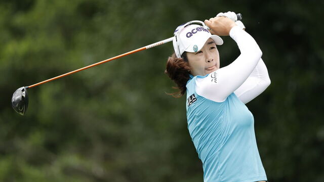 THE WOODLANDS, TEXAS - APRIL 21: A Lim Kim of South Korea hits a tee shot on the 11th hole during the second round of The Chevron Championship at The Club at Carlton Woods on April 21, 2023 in The Woodlands, Texas.