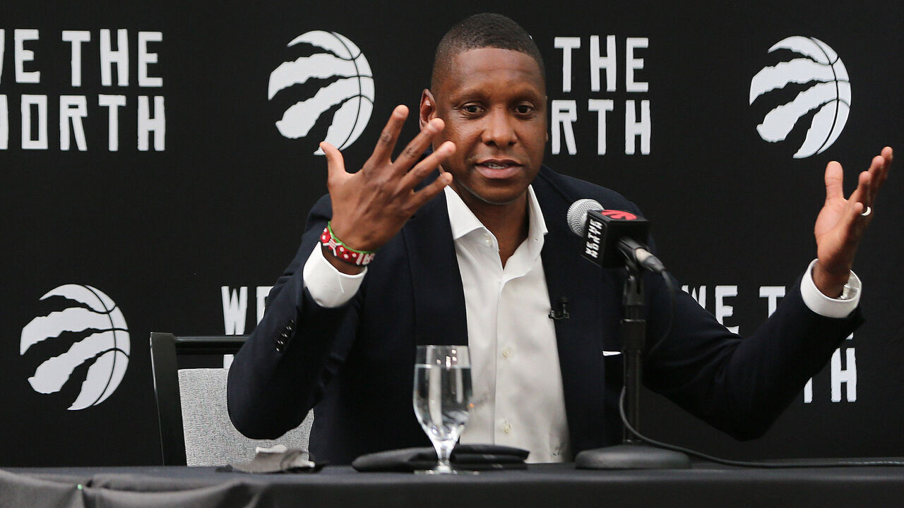 Toronto, ON- August 18 - Toronto Raptors President Masai Ujiri holds a press conference to address his new title, vice-chairman, his new contract, his relationship with Kyle Lowry, and more at the X Hotel on the Canadian National Exhibition in Toronto. August 18, 2021. (Steve Russell/Toronto Star via Getty Images)