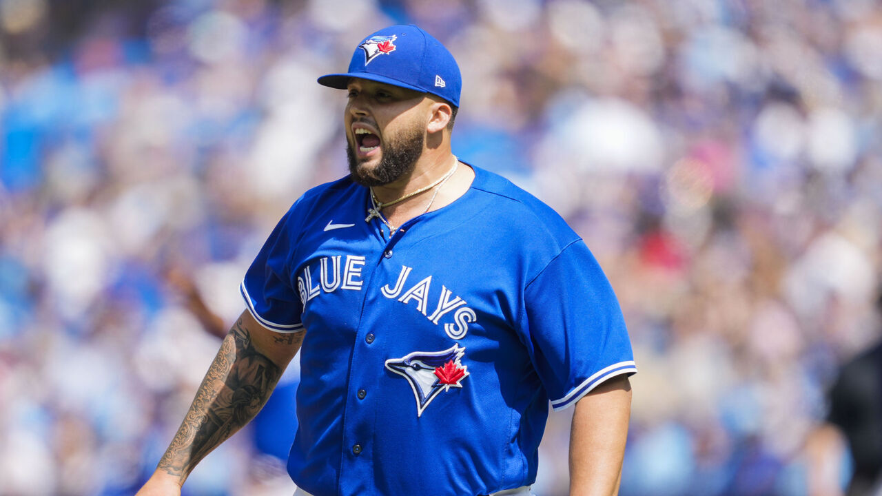 TORONTO, ON - APRIL 16: Alek Manoah #6 of the Toronto Blue Jays celebrates against the Tampa Bay Rays during the first inning in their MLB game at the Rogers Centre on April 16, 2023 in Toronto, Ontario, Canada.
