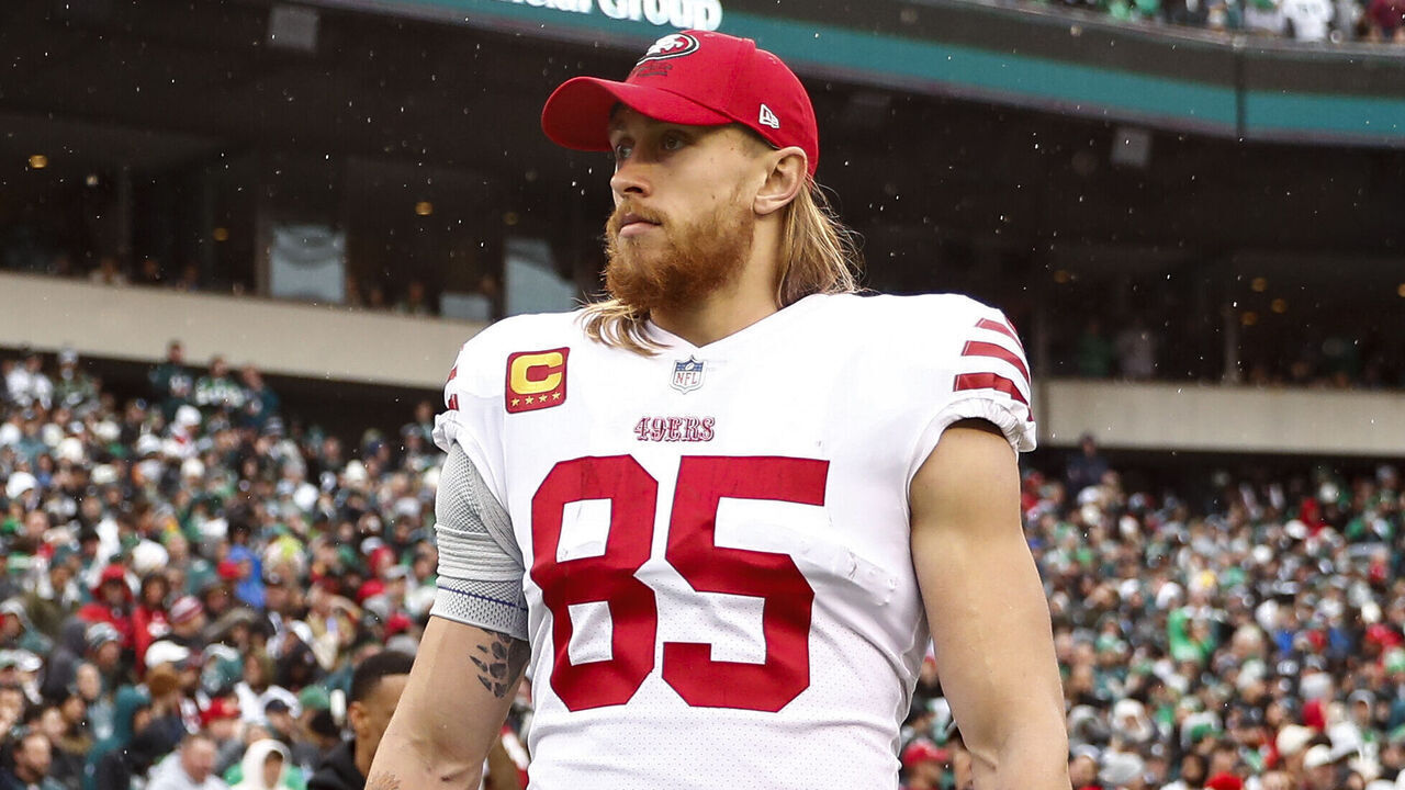 PHILADELPHIA, PA - JANUARY 29: George Kittle #85 of the San Francisco 49ers stands on the sidelines prior to the NFC Championship NFL football game against the Philadelphia Eagles at Lincoln Financial Field on January 29, 2023 in Philadelphia, Pennsylvania.