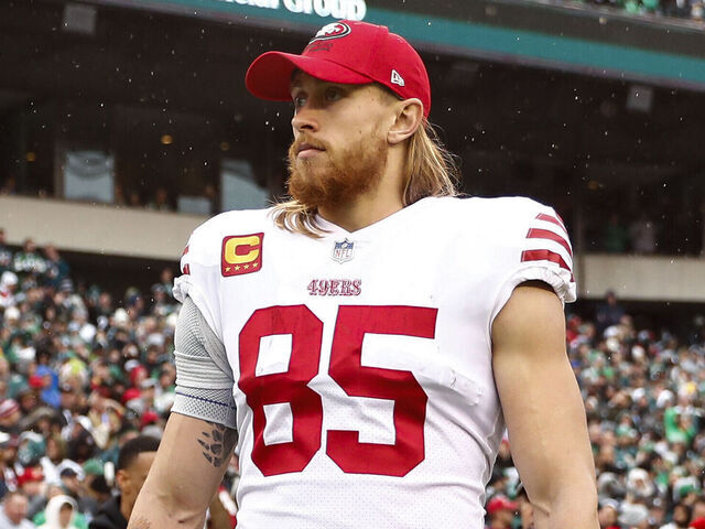 PHILADELPHIA, PA - JANUARY 29: George Kittle #85 of the San Francisco 49ers stands on the sidelines prior to the NFC Championship NFL football game against the Philadelphia Eagles at Lincoln Financial Field on January 29, 2023 in Philadelphia, Pennsylvania.