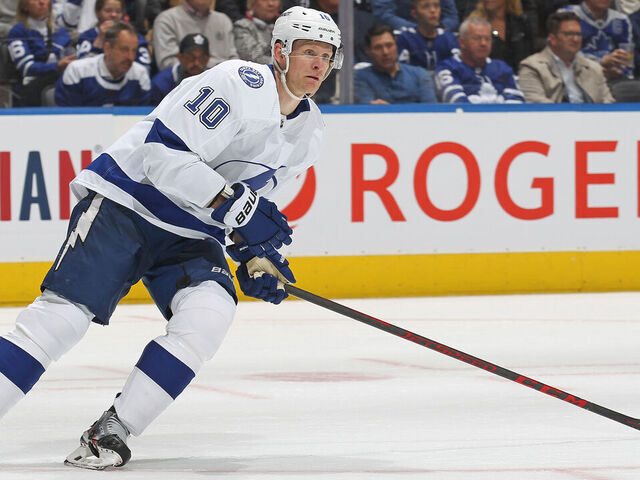 TORONTO, CANADA - APRIL 18: Corey Perry #10 of the Tampa Bay Lightning skates against the Toronto Maple Leafs during Game One of the First Round of the 2023 Stanley Cup Playoffs at Scotiabank Arena on April 18, 2023 in Toronto, Ontario, Canada. The Lightning defeated the Maple Leafs 7-3.
