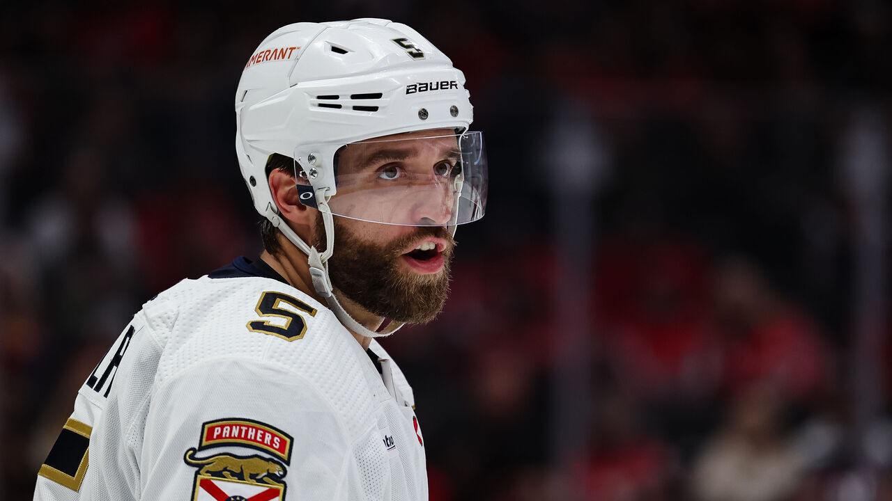 WASHINGTON, DC - APRIL 08: Aaron Ekblad #5 of the Florida Panthers looks on against the Washington Capitals during the second period of the game at Capital One Arena on April 8, 2023 in Washington, DC.