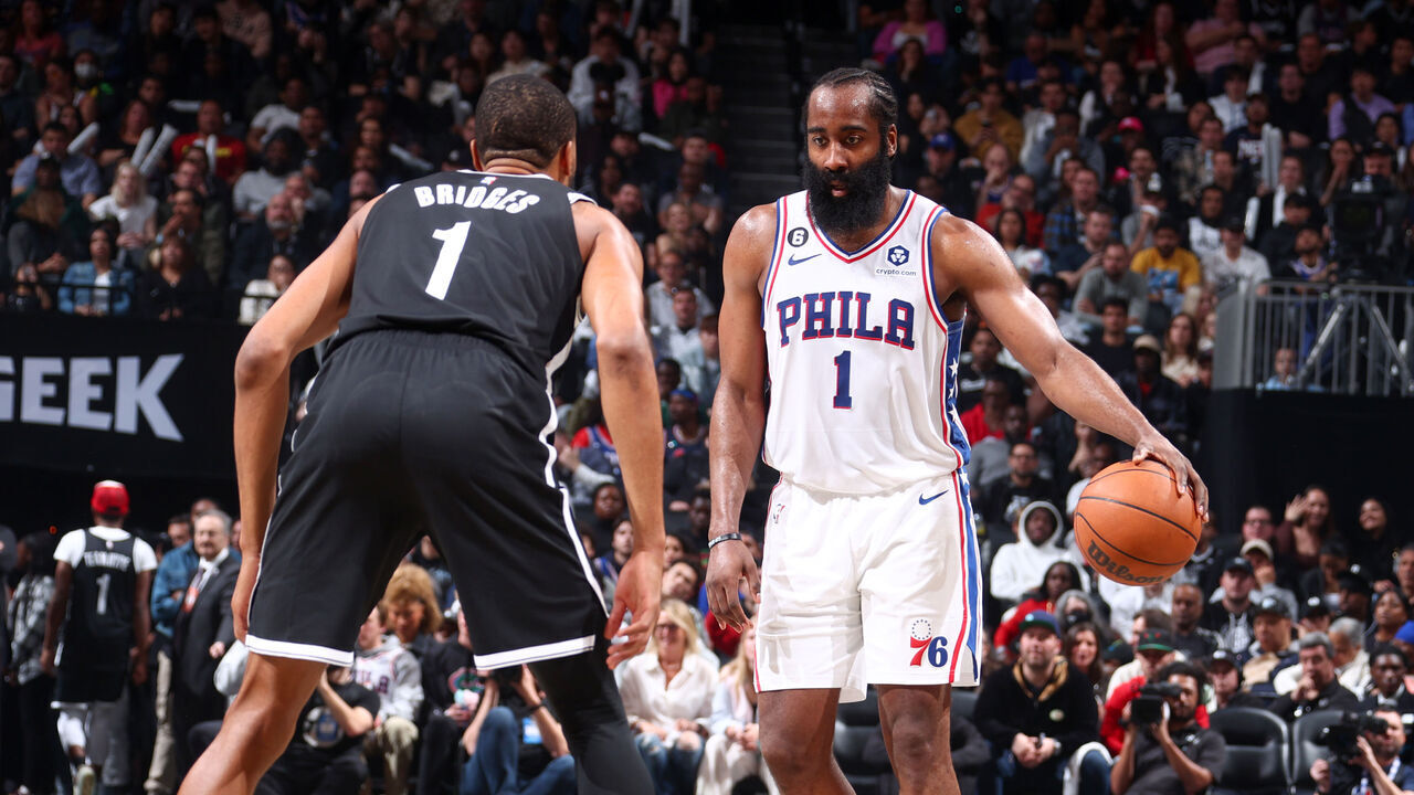BROOKLYN, NY - APRIL 22: James Harden #1 of the Philadelphia 76ers dribbles the ball during the game against the Brooklyn Nets during Round 1 Game 4 of the 2023 NBA Playoffs on April 22, 2023 at Barclays Center in Brooklyn, New York. Mandatory Copyright Notice: Copyright 2023 NBAE