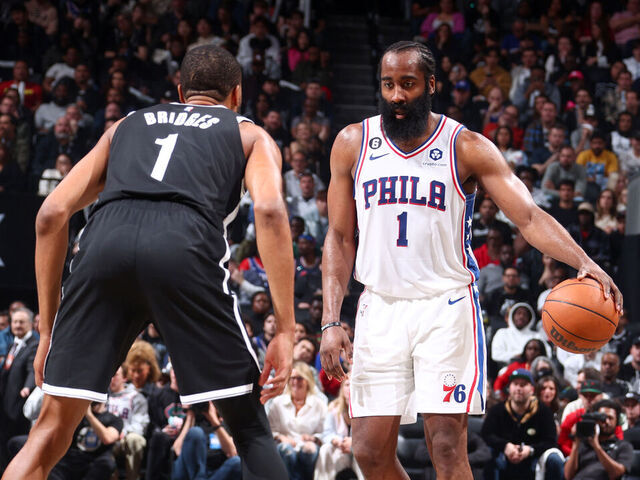 BROOKLYN, NY - APRIL 22: James Harden #1 of the Philadelphia 76ers dribbles the ball during the game against the Brooklyn Nets during Round 1 Game 4 of the 2023 NBA Playoffs on April 22, 2023 at Barclays Center in Brooklyn, New York. Mandatory Copyright Notice: Copyright 2023 NBAE