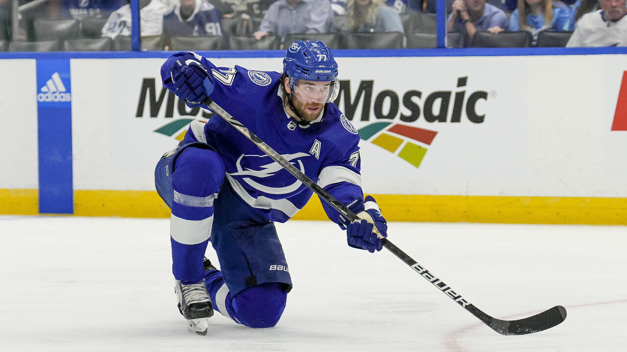 TAMPA, FL - APRIL 11: Tampa Bay Lightning defenseman Victor Hedman (77) shoots from his knees during the NHL Hockey match between the Tampa Bay Lightning and Toronto Maple Leafs on April 11th 2023 at Amalie Arena in Tampa, FL.
