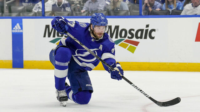 TAMPA, FL - APRIL 11: Tampa Bay Lightning defenseman Victor Hedman (77) shoots from his knees during the NHL Hockey match between the Tampa Bay Lightning and Toronto Maple Leafs on April 11th 2023 at Amalie Arena in Tampa, FL.