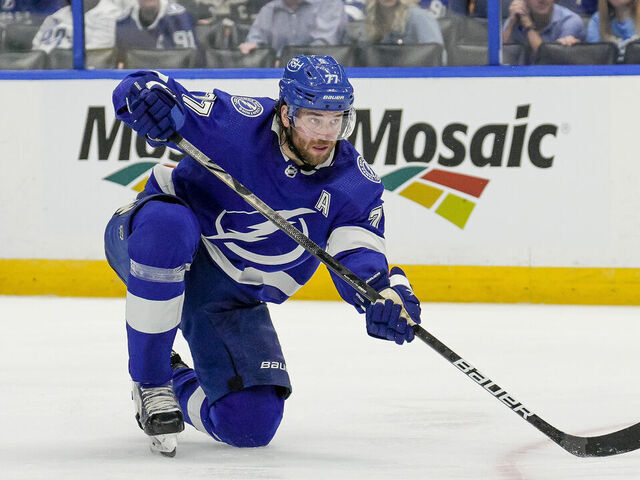 TAMPA, FL - APRIL 11: Tampa Bay Lightning defenseman Victor Hedman (77) shoots from his knees during the NHL Hockey match between the Tampa Bay Lightning and Toronto Maple Leafs on April 11th 2023 at Amalie Arena in Tampa, FL.