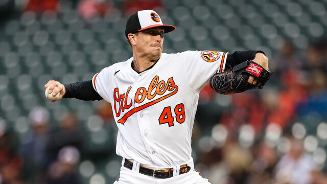 BALTIMORE, MD - APRIL 22: Kyle Gibson #48 of the Baltimore Orioles pitches against the Detroit Tigers during the first inning at Oriole Park at Camden Yards on April 22, 2023 in Baltimore, Maryland.