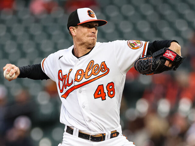BALTIMORE, MD - APRIL 22: Kyle Gibson #48 of the Baltimore Orioles pitches against the Detroit Tigers during the first inning at Oriole Park at Camden Yards on April 22, 2023 in Baltimore, Maryland.