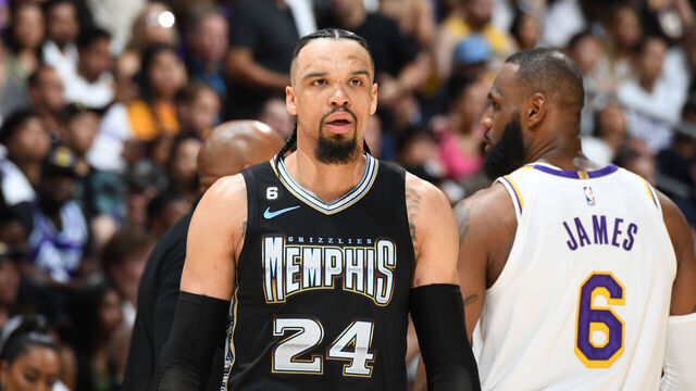 LOS ANGELES, CA - APRIL 22: Dillon Brooks #24 of the Memphis Grizzlies looks on during Round 1 Game 3 of the 2023 NBA Playoffs on APRIL 22, 2023 at Crypto.Com Arena in Los Angeles, California. NOTE TO USER: User expressly acknowledges and agrees that, by downloading and/or using this Photograph, user is consenting to the terms and conditions of the Getty Images License Agreement. Mandatory Copyright Notice: Copyright 2023 NBAE