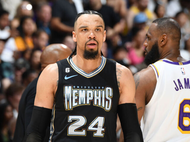 LOS ANGELES, CA - APRIL 22: Dillon Brooks #24 of the Memphis Grizzlies looks on during Round 1 Game 3 of the 2023 NBA Playoffs on APRIL 22, 2023 at Crypto.Com Arena in Los Angeles, California. NOTE TO USER: User expressly acknowledges and agrees that, by downloading and/or using this Photograph, user is consenting to the terms and conditions of the Getty Images License Agreement. Mandatory Copyright Notice: Copyright 2023 NBAE
