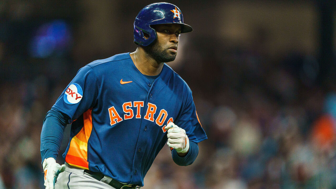 ATLANTA, GA - APRIL 22: Yordan Alvarez #44 of the Houston Astros hits a home run during the sixth inning against the Houston Astros at Truist Park on April 22, 2023 in Atlanta, Georgia.
