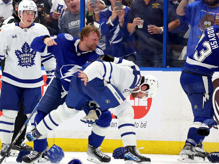 Stamkos, Matthews Fight After Rielly Crumples Point Into Boards ...