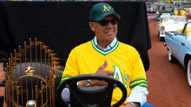 OAKLAND, CA - JUNE 4: Reggie Jackson during a celebration of the Oakland Athletics' 1972 World Series winning team before a the game between the Athletics and the Boston Red Sox at RingCentral Coliseum on June 4, 2022 in Oakland, California. The Red Sox defeated the Athletics 8-0.
