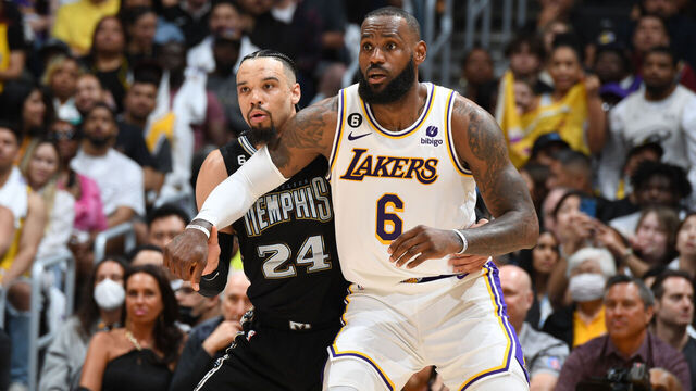LOS ANGELES, CA - APRIL 22: Dillon Brooks #24 of the Memphis Grizzlies and LeBron James #6 of the Los Angeles Lakers look on during Round 1 Game 3 of the 2023 NBA Playoffs on APRIL 22, 2023 at Crypto.Com Arena in Los Angeles, California. NOTE TO USER: User expressly acknowledges and agrees that, by downloading and/or using this Photograph, user is consenting to the terms and conditions of the Getty Images License Agreement. Mandatory Copyright Notice: Copyright 2023 NBAE