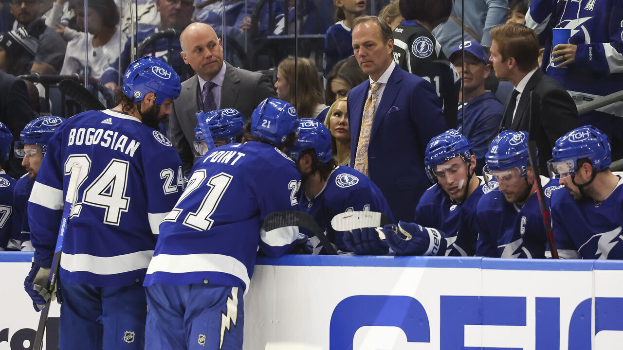 TAMPA, FL - MARCH 19: Head coach Jon Cooper of the Tampa Bay Lightning against the New Jersey Devils during the first period at Amalie Arena on March 19, 2023 in Tampa, Florida.