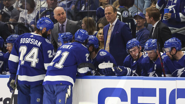TAMPA, FL - MARCH 19: Head coach Jon Cooper of the Tampa Bay Lightning against the New Jersey Devils during the first period at Amalie Arena on March 19, 2023 in Tampa, Florida.