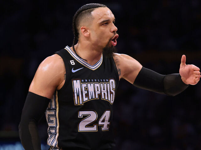 LOS ANGELES, CALIFORNIA - APRIL 22: Dillon Brooks #24 of the Memphis Grizzlies reacts to a Grizzlies foul during the first quarter against the Los Angeles Lakers in Game Three of the Western Conference First Round Playoffs at Crypto.com Arena on April 22, 2023 in Los Angeles, California.