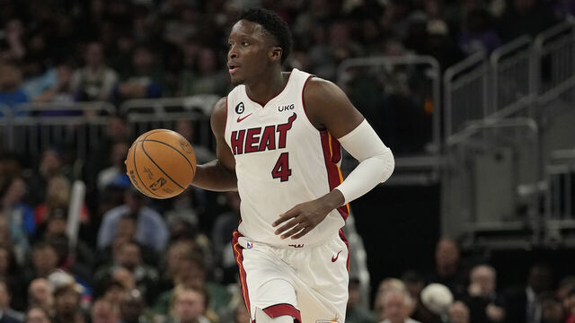 MILWAUKEE, WISCONSIN - APRIL 19: Victor Oladipo #4 of the Miami Heat dribbles the ball against the Milwaukee Bucks during the second half of Game Two of the Eastern Conference First Round Playoffs at Fiserv Forum on April 19, 2023 in Milwaukee, Wisconsin.