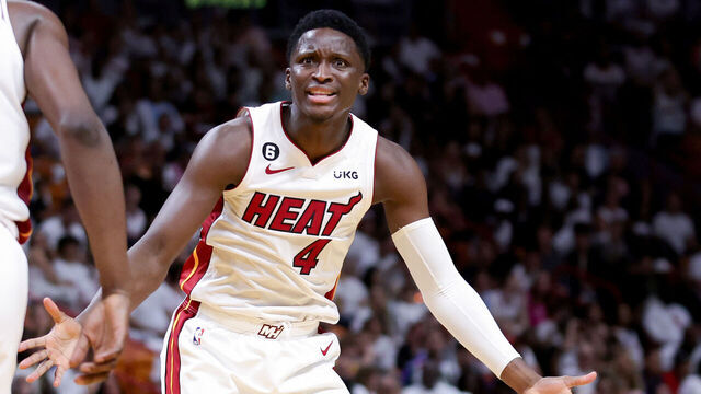 MIAMI, FLORIDA - APRIL 22: Victor Oladipo #4 of the Miami Heat reacts during the second quarter against the Milwaukee Bucks in Game Three of the Eastern Conference First Round Playoffs at Kaseya Center on April 22, 2023 in Miami, Florida.